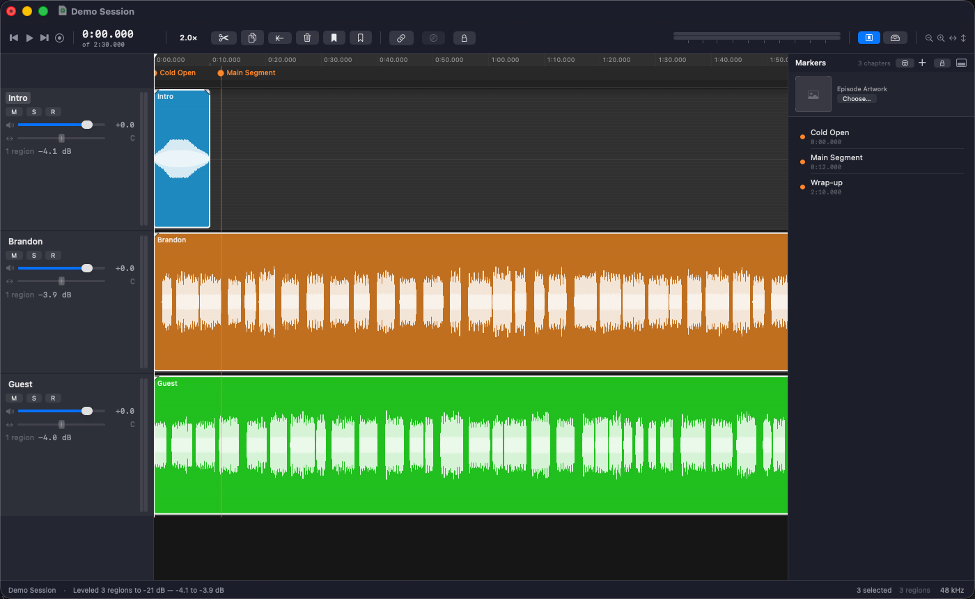 Auto Level applied to three selected regions, each brought to a common speech level