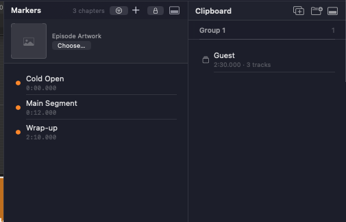 The Clipboard panel showing a bin with a saved multi-track clip
