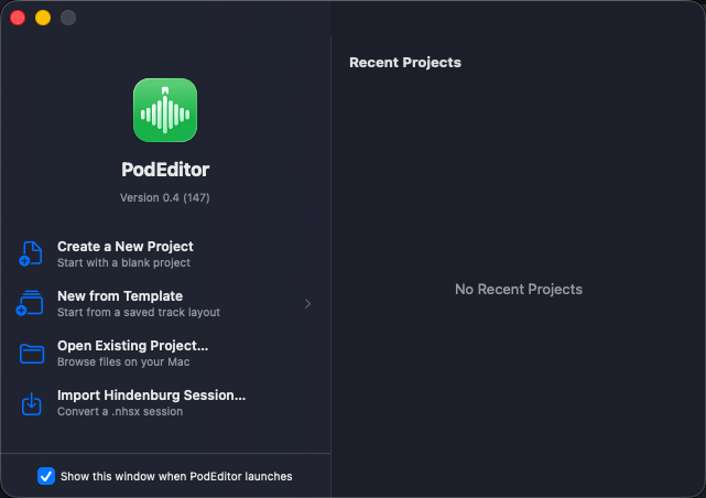 PodEditor's Welcome window, with an option to import a Hindenburg session