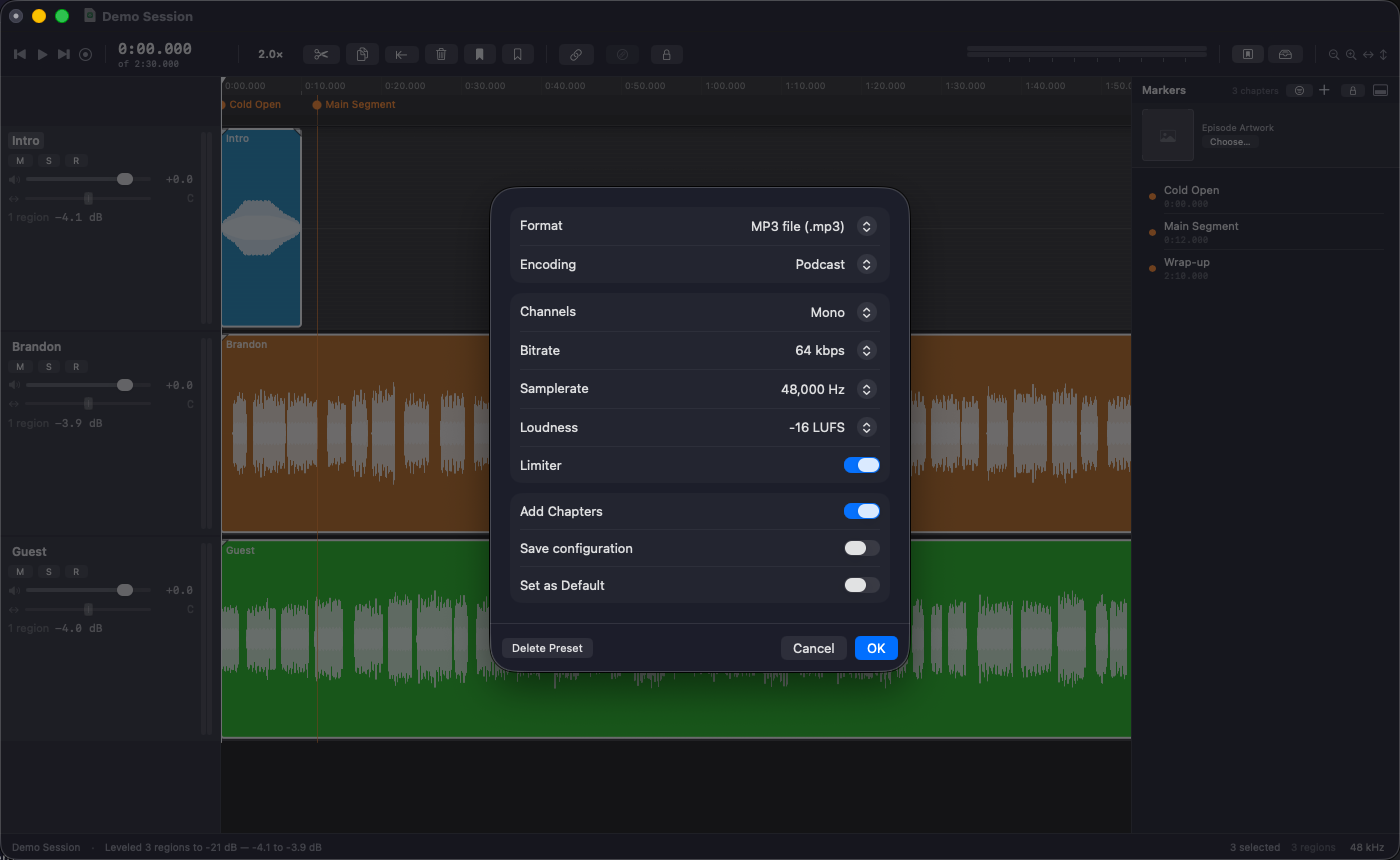 The export dialog, showing MP3 format, loudness normalization, a true-peak limiter, and chapter export