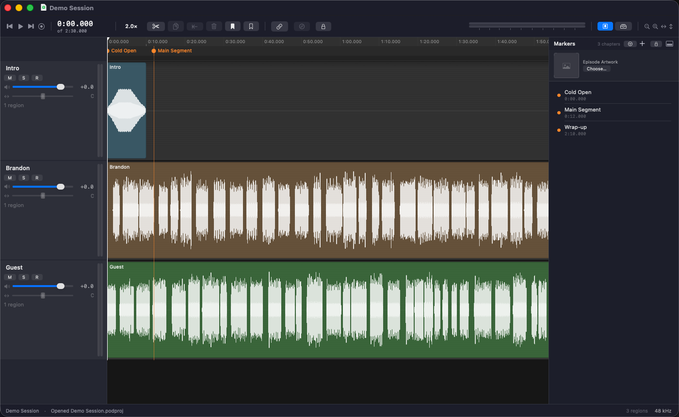 PodEditor's multitrack timeline, showing three tracks with waveforms and chapter markers